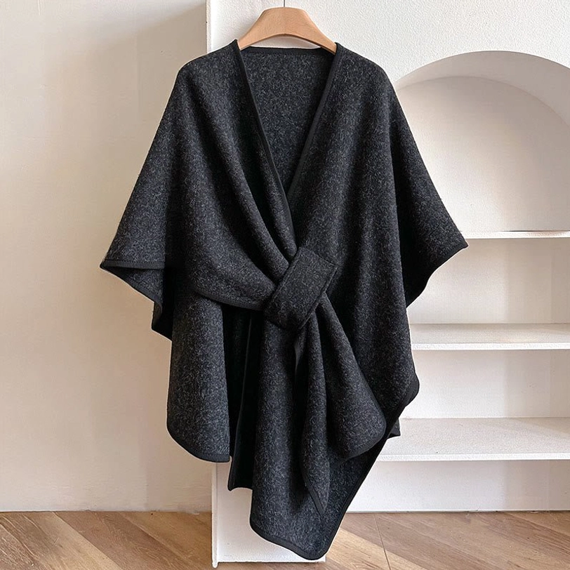 Black Tibetan split shawl wrap - front full view, classic color, soft handcrafted fabric, elegant oversized fit