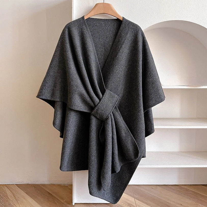 Gray Tibetan split shawl wrap - neutral versatile color, soft wool-like finish, elegant drape