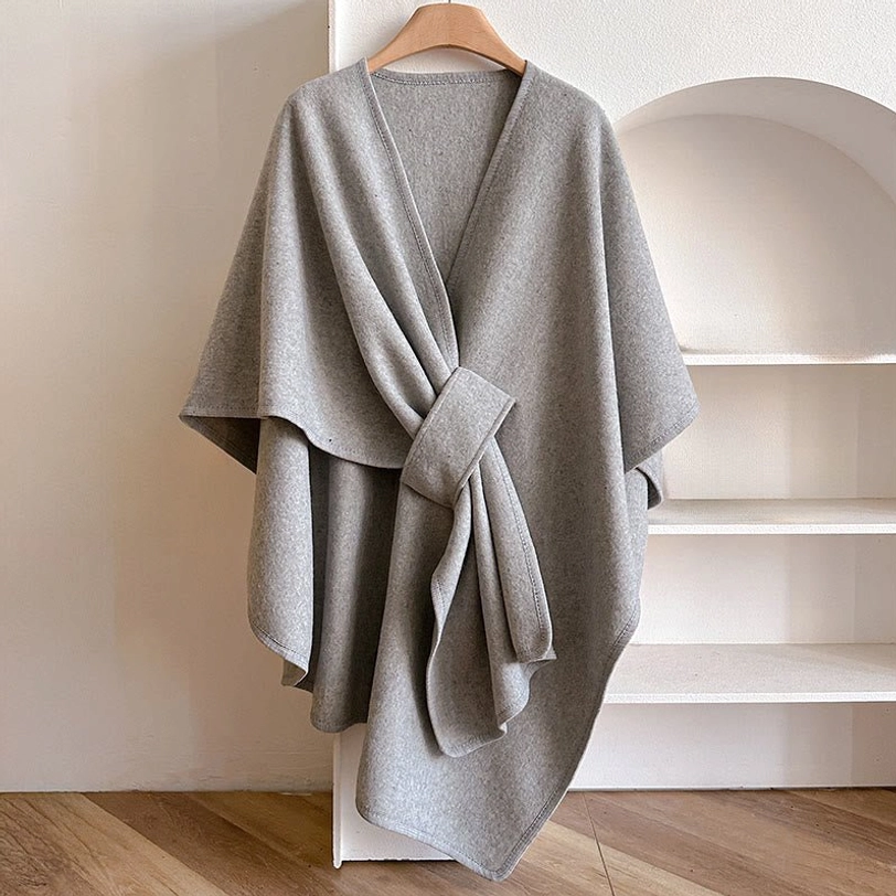Light grey Tibetan split shawl wrap - minimalist neutral tone, soft fuzzy fabric, oversized comfortable fit