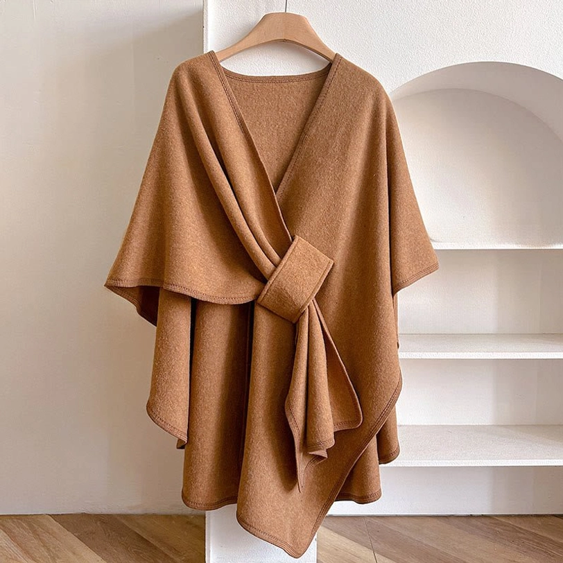 Sandy brown Tibetan split shawl wrap - tied cape style, camel tone, soft plush fabric, irregular artisan hem