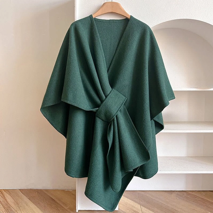 Teal Tibetan split shawl wrap front view - forest green tone, front tied knot, soft fleece-like fabric, oversized drape