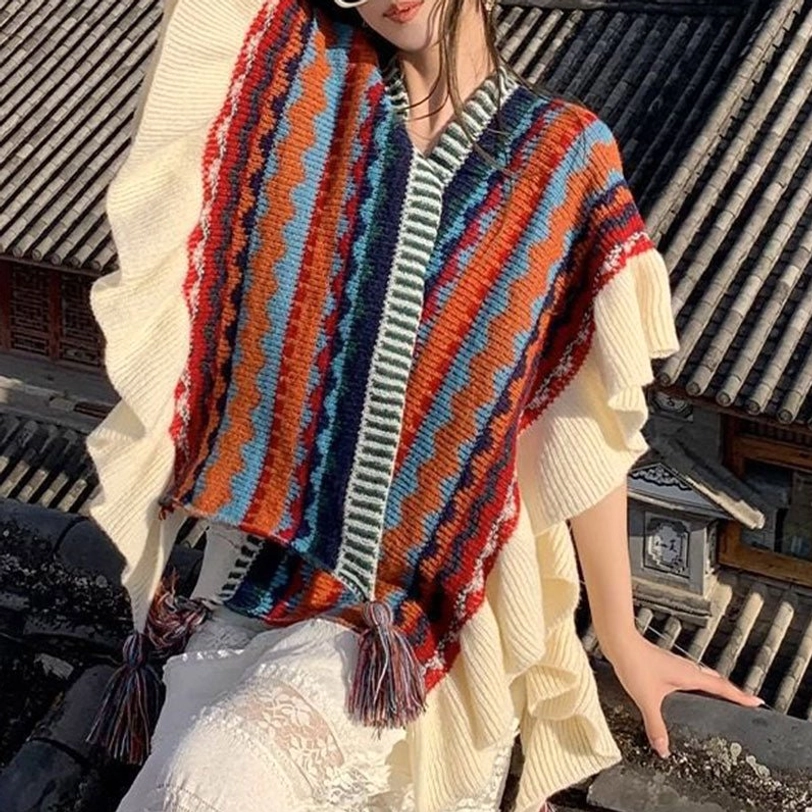 Tibetan striped knit shawl wrap with soft texture and elegant bohemian design perfect for any season and occasion