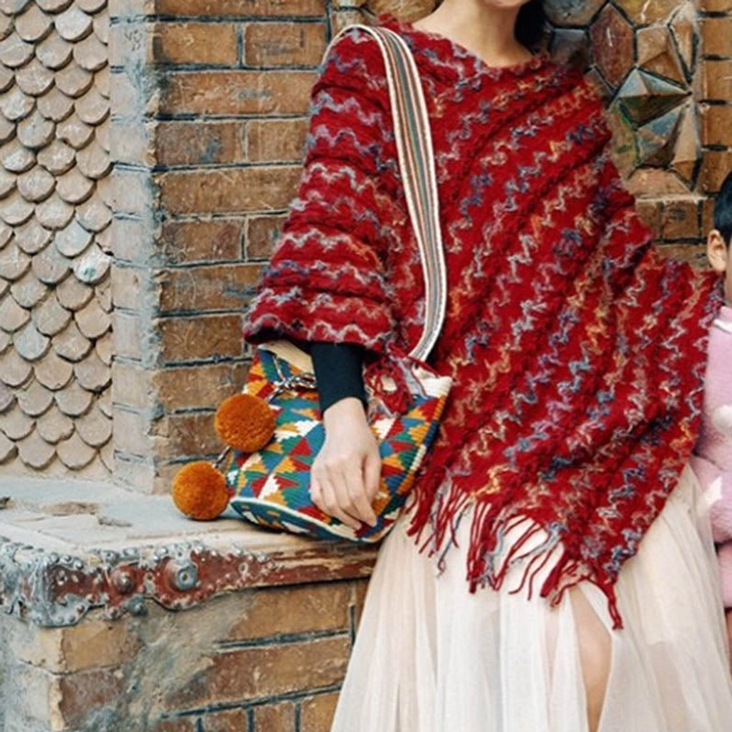 Tibetan striped knit shawl with soft cashmere-like texture and fringe tassels