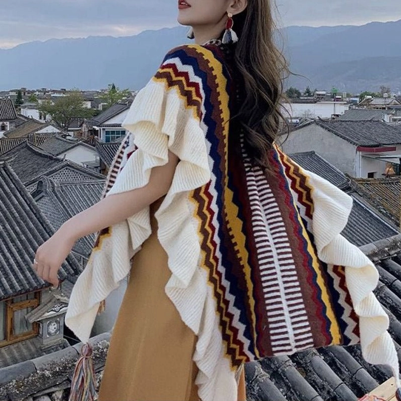 Tibetan striped knit shawl perfect for travel and outdoor wear with vibrant ethnic color design and soft texture