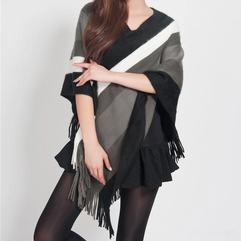 Tibetan striped shawl black gray white color option displayed on model in natural lighting
