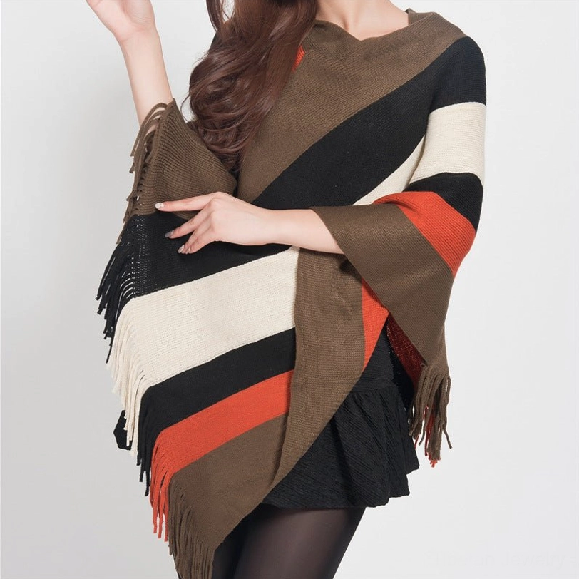 Tibetan striped shawl brown black beige orange color combination shown in lifestyle setting