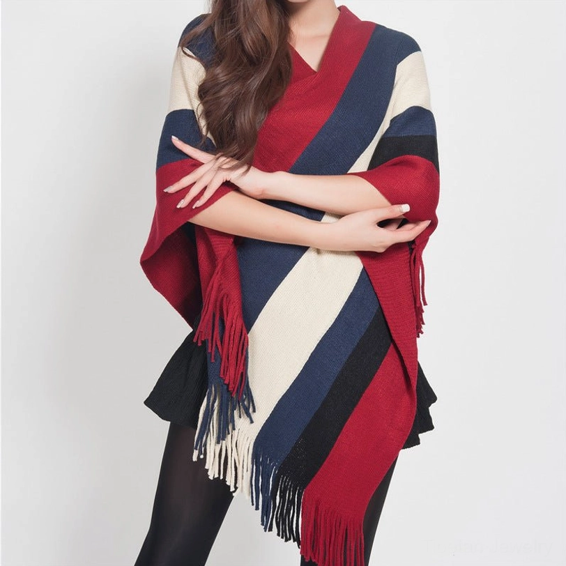 Tibetan striped shawl burgundy navy blue beige color combination worn outdoors