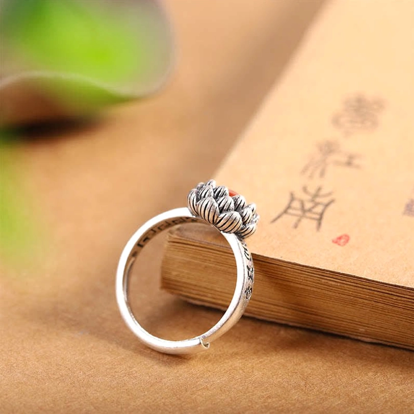 Sterling silver lotus red agate ring side profile, vintage-inspired spiritual jewelry