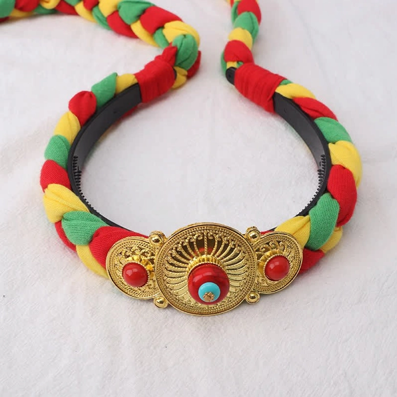 Tibetan style tassel hair ornament with yellow beads and traditional copper alloy charms
