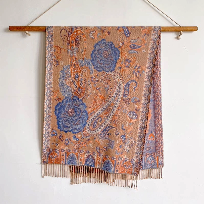 Tibetan tassel shawl color variation in warm beige tone, full display of bohemian ethnic aesthetic
