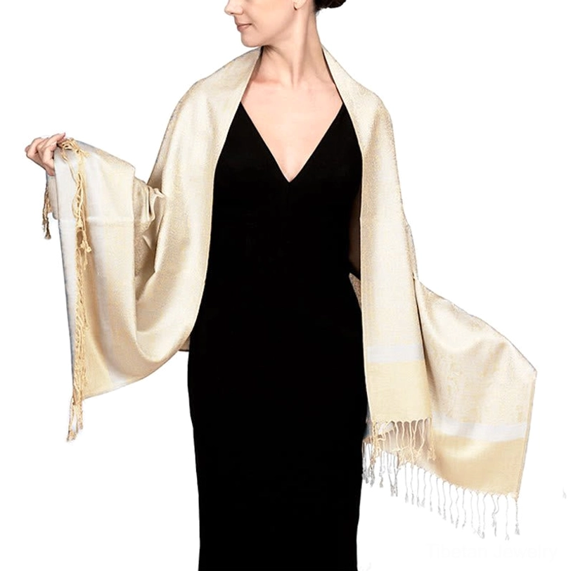 Woman wearing cream and white Tibetan tassel shawl - lightweight wrap model