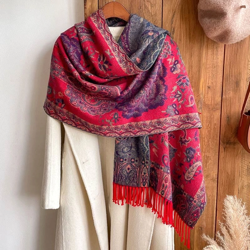 Tibetan tassel shawl in warm earth tones, showing versatile color option for bohemian fashion styling