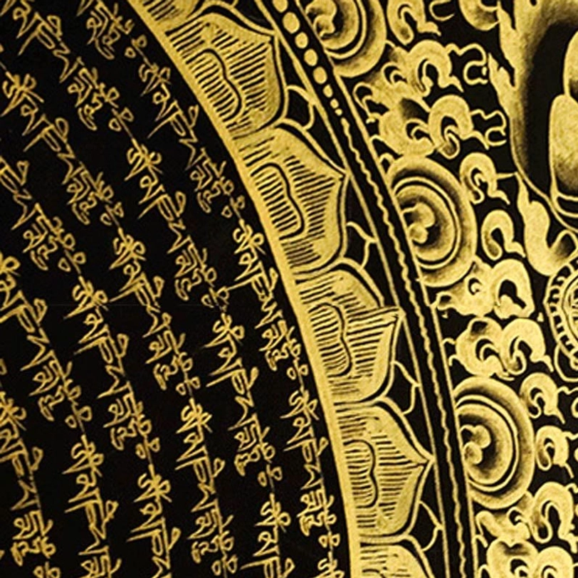 Authentic Tibetan thangka scroll painting with intricate Buddhist scripture and traditional craftsmanship