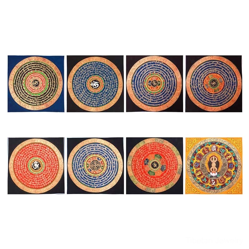 Eight different Tibetan mandala thangka designs arranged in grid layout showing variety of styles and patterns