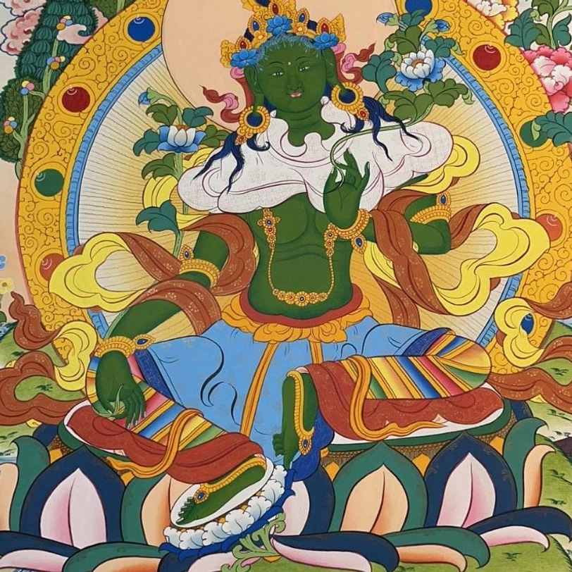 Tibetan thangka scroll collection showing multiple deity styles - hand-painted Buddhist artwork