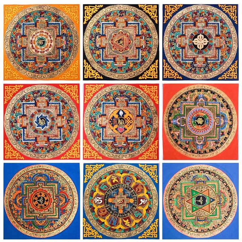 Tibetan thangka collection showing multiple color variations and pattern options from blind box purchase