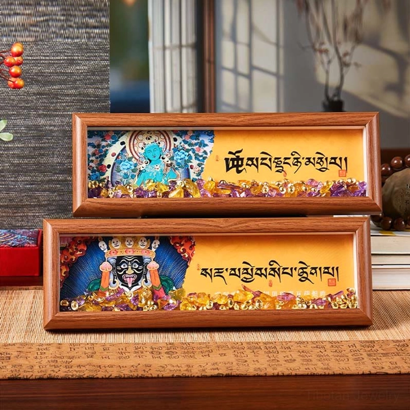 Multiple styles of Om Mani Padme Hum thangka frames displayed together showcasing design variety and crystal combinations