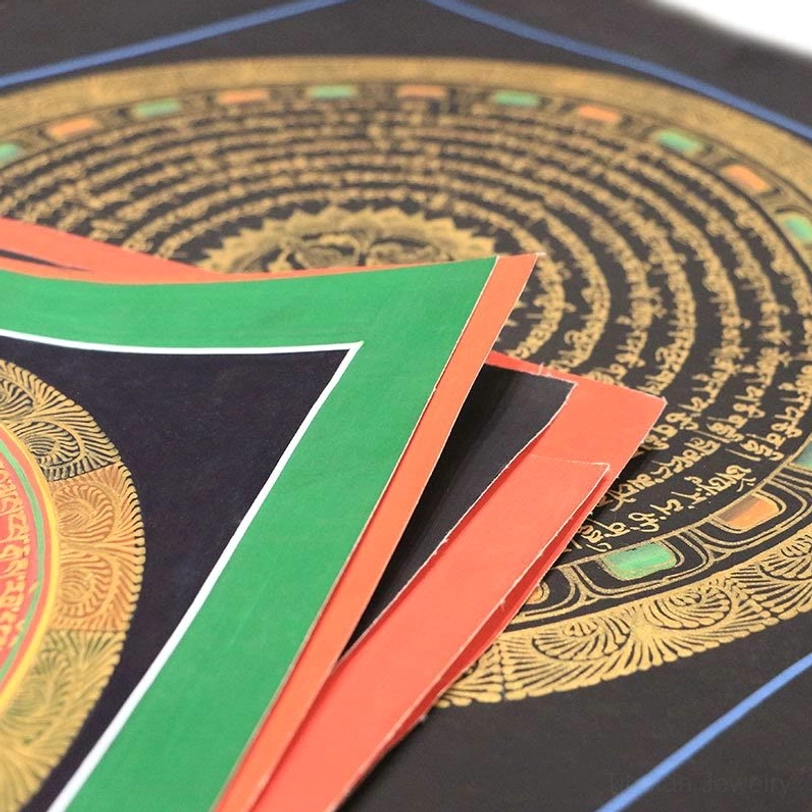 Close-up detail of multiple Tibetan thangka frame samples showing gold circular sacred patterns with replaceable frame options