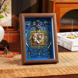 Tibetan lotus thangka photo frame style 1 with dark walnut brown wood frame and blue mandala design, featuring decorative silver lotus hanging ornament