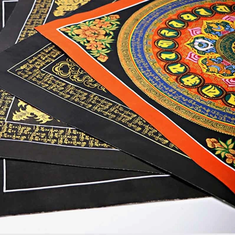 Tibetan Om Mani Padme Hum mandala thangka unframed cotton canvas with traditional Himalayan artisan craftsmanship