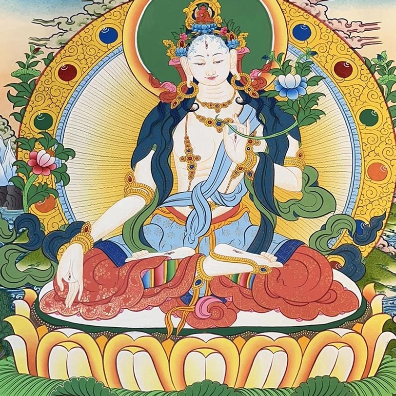 Tibetan thangka deity painting demonstrating master artisan craftsmanship and vibrant color details