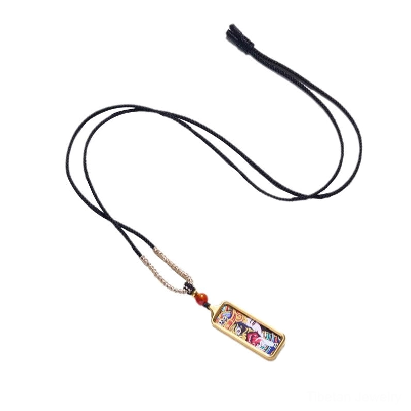 Complete Tibetan thangka hand-painted pendant necklace set with black wax cord, small gold-framed deity artwork, and red accent bead