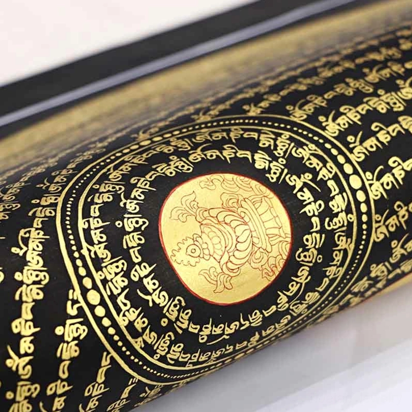 Tibetan Om Mani Padme Hum thangka altar decoration with compassion mantra and sacred geometric patterns