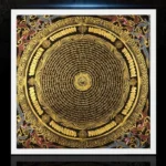 Om Mani Padme Hum mandala thangka with ornate gold and colored border, top-down studio view