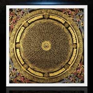 Om Mani Padme Hum mandala thangka with ornate gold and colored border, top-down studio view