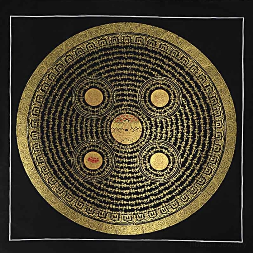 Hand-painted Tibetan Om Mani Padme Hum thangka showing intricate mantra script and Buddhist compassion symbolism