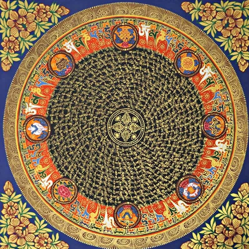 Tibetan Om Mani Padme Hum thangka meditation focal point with traditional Buddhist mandala design and spiritual symbolism