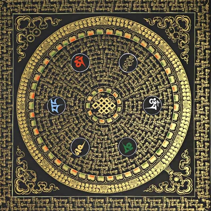 Hand-painted Tibetan Om Mani Padme Hum mandala thangka scroll painting with 24K gold leaf accents and cotton canvas