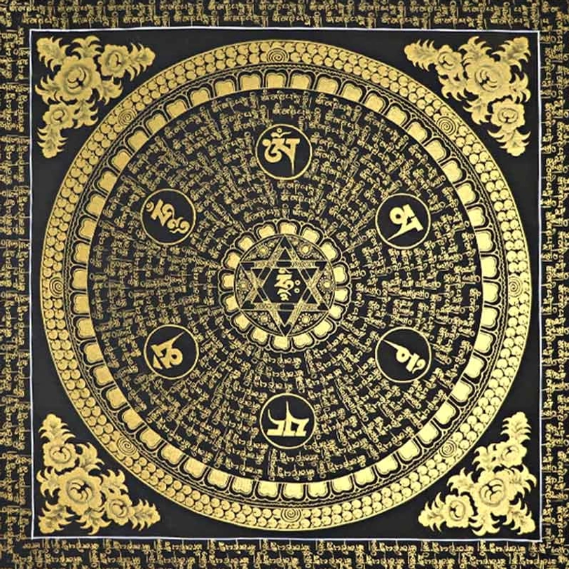 Tibetan Om Mani Padme Hum thangka hand-painted Buddhist mandala with intricate sacred geometry and authentic artisan craftsmanship