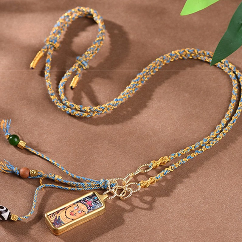 Two Tibetan thangka pendant necklaces with blue-brown woven rope and ethnic style beads