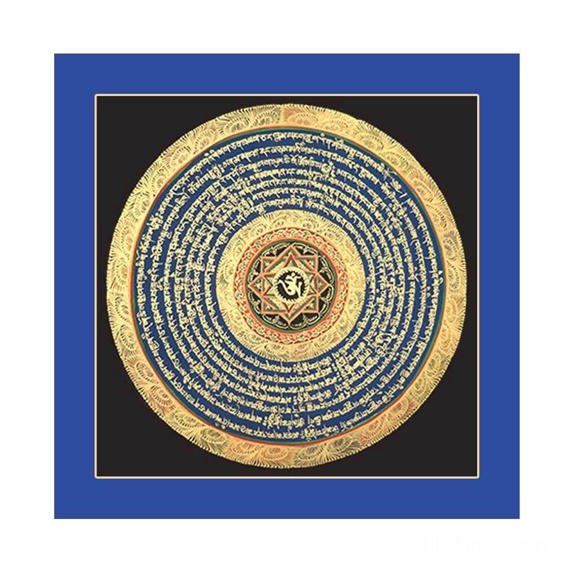 Detailed view of Tibetan sacred mantra thangka artwork showing hand-painted Tibetan Buddhist scripture and traditional intricate design elements