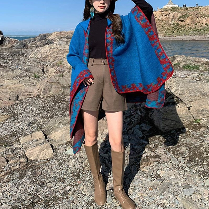 Brown Tibetan travel wrap cloak showing earth-tone color option and spiritual design elements