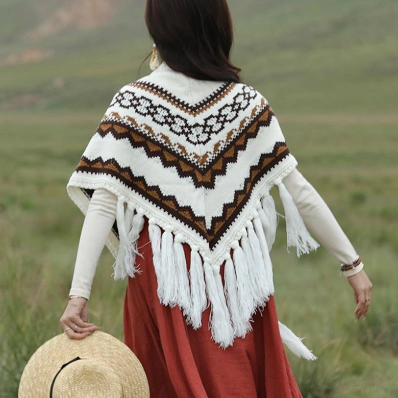 Back view of Tibetan triangular shawl showing V-shaped ethnic geometric patterns and long fringe tassel hem