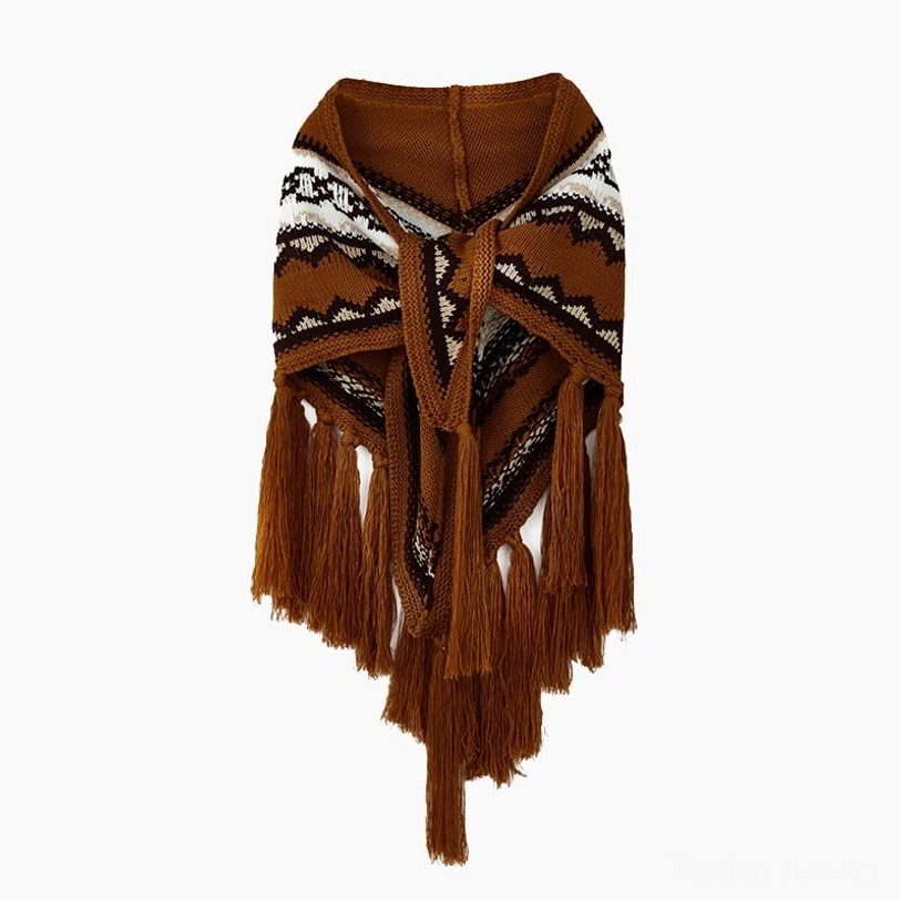 Brown Tibetan triangular shawl with geometric stripe pattern and hand-finished tassels
