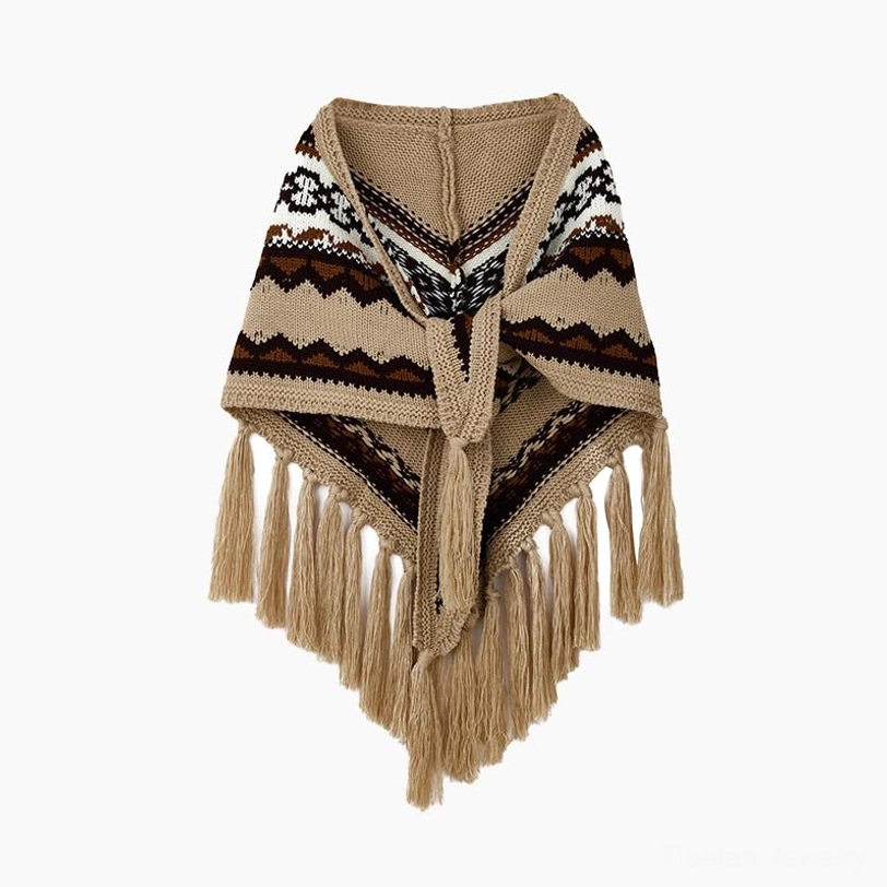 Khaki Tibetan triangular shawl with ethnic stripe and tassel details in warm natural colorway