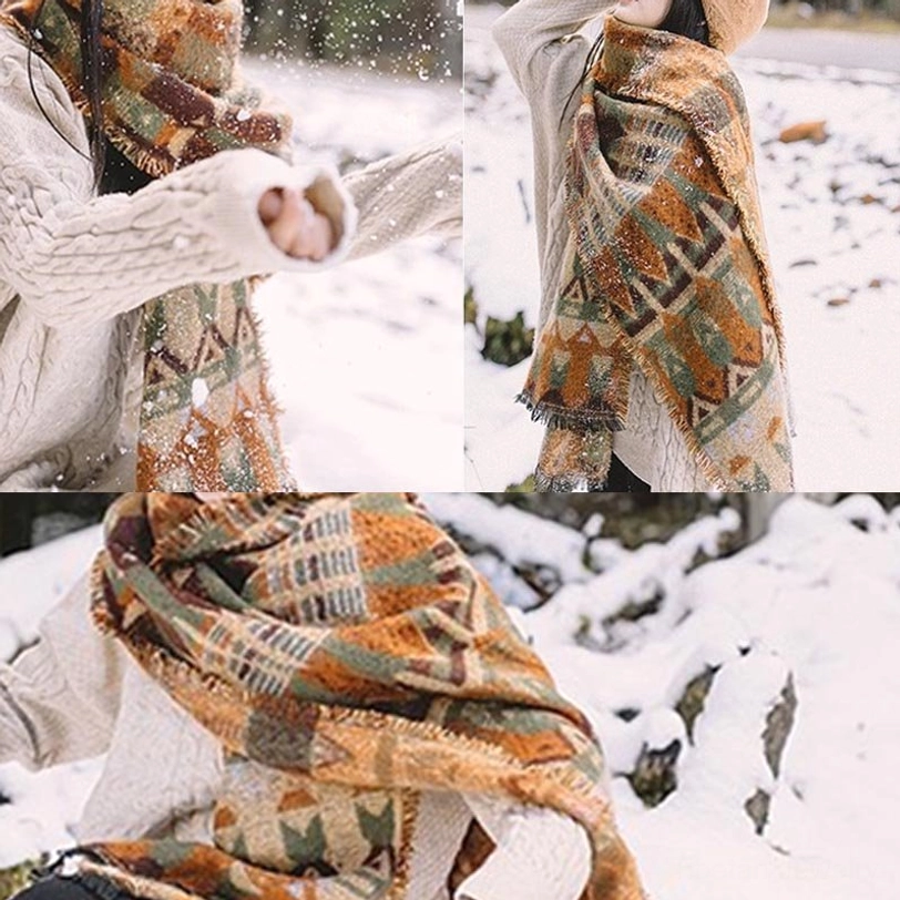 Tibetan tribal pattern scarf with autumn warm tones and geometric patterns, multi-scene winter styling with frayed fabric on snowy outdoor setting