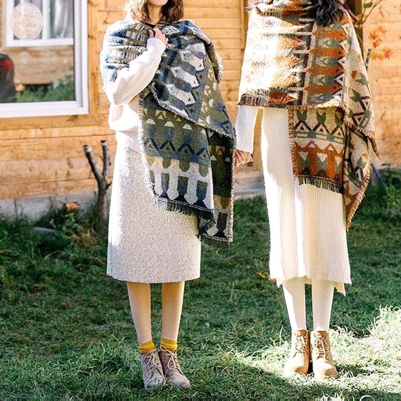 Two Tibetan ethnic tribal scarves with distinct geometric patterns and soft woven fabric, full body styling on cottage yard