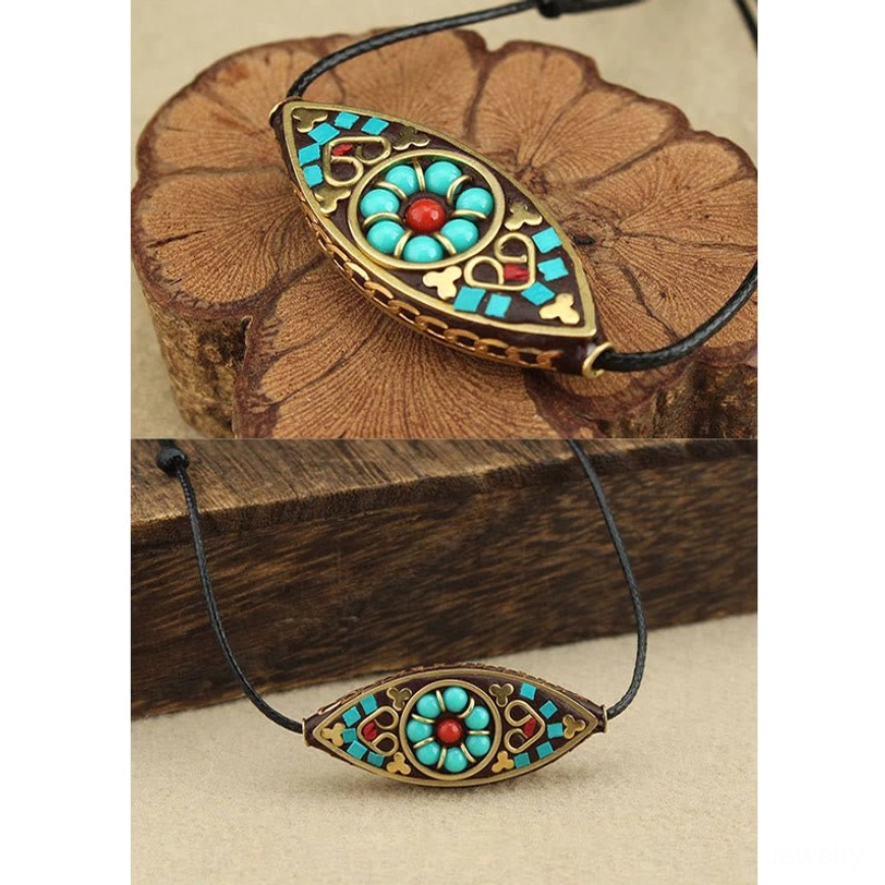 Tibetan turquoise chakra pendant necklace detail shot, handmade ethnic artisan craft