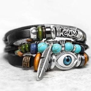 Evil eye protection bracelet side-front angle showing black leather turquoise beads vintage metal and wooden accents