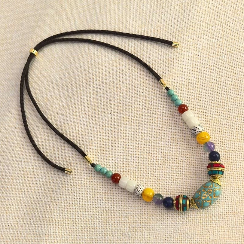 Full length Tibetan handmade turquoise beaded necklace with simple adjustable black wax cord