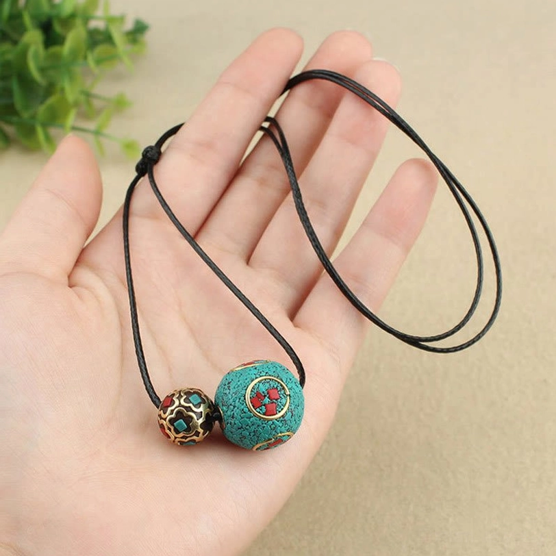 Tibetan turquoise double bead necklace showing authentic handcrafted design and natural stone characteristics