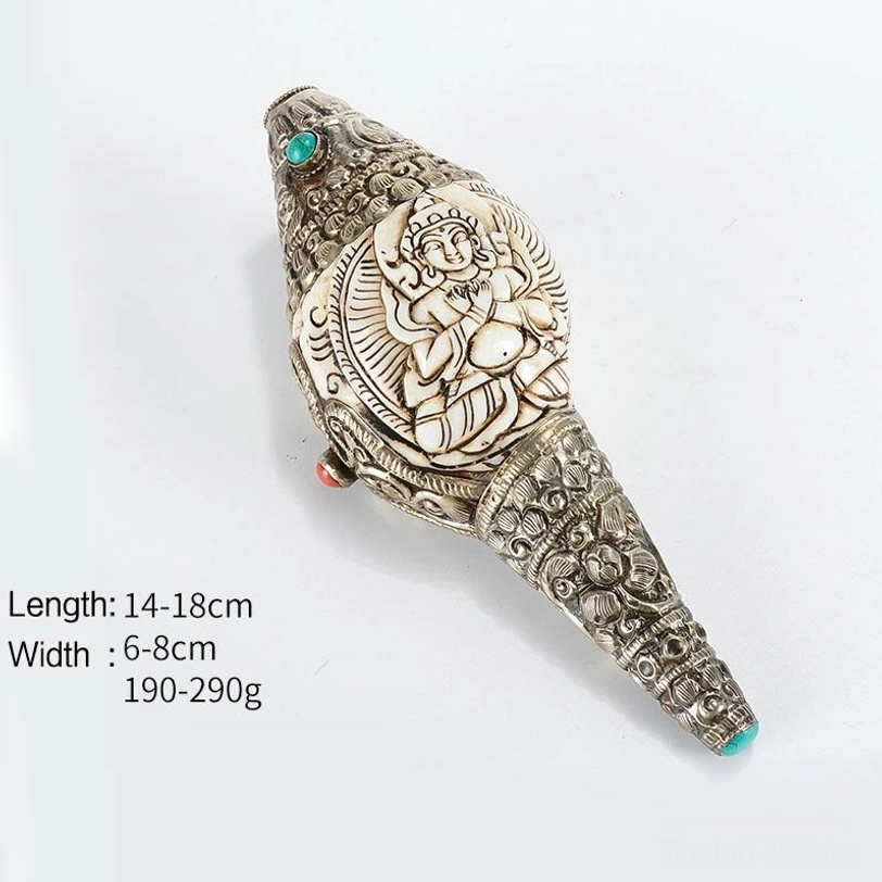 Tibetan Vajra hand-engraved conch shell symbol of spiritual power with silver metalwork and stone inlays