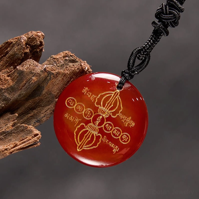 Vajra Dorje Tibetan crystal necklace pendant natural gemstone with detailed golden engravings