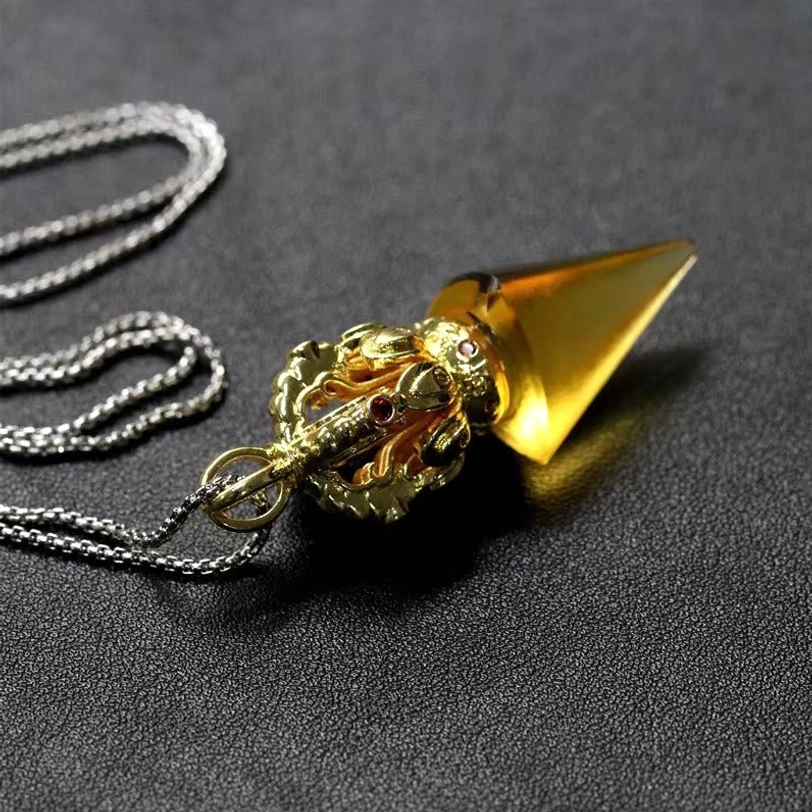 Yellow Tibetan Vajra pendant necklace reverse angle showing handcrafted Liuli crystal detail