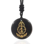 Black Obsidian Tibetan Vajra Protection Mantra Necklace Pendant with Lotus Symbol