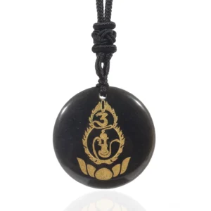 Black Obsidian Tibetan Vajra Protection Mantra Necklace Pendant with Lotus Symbol